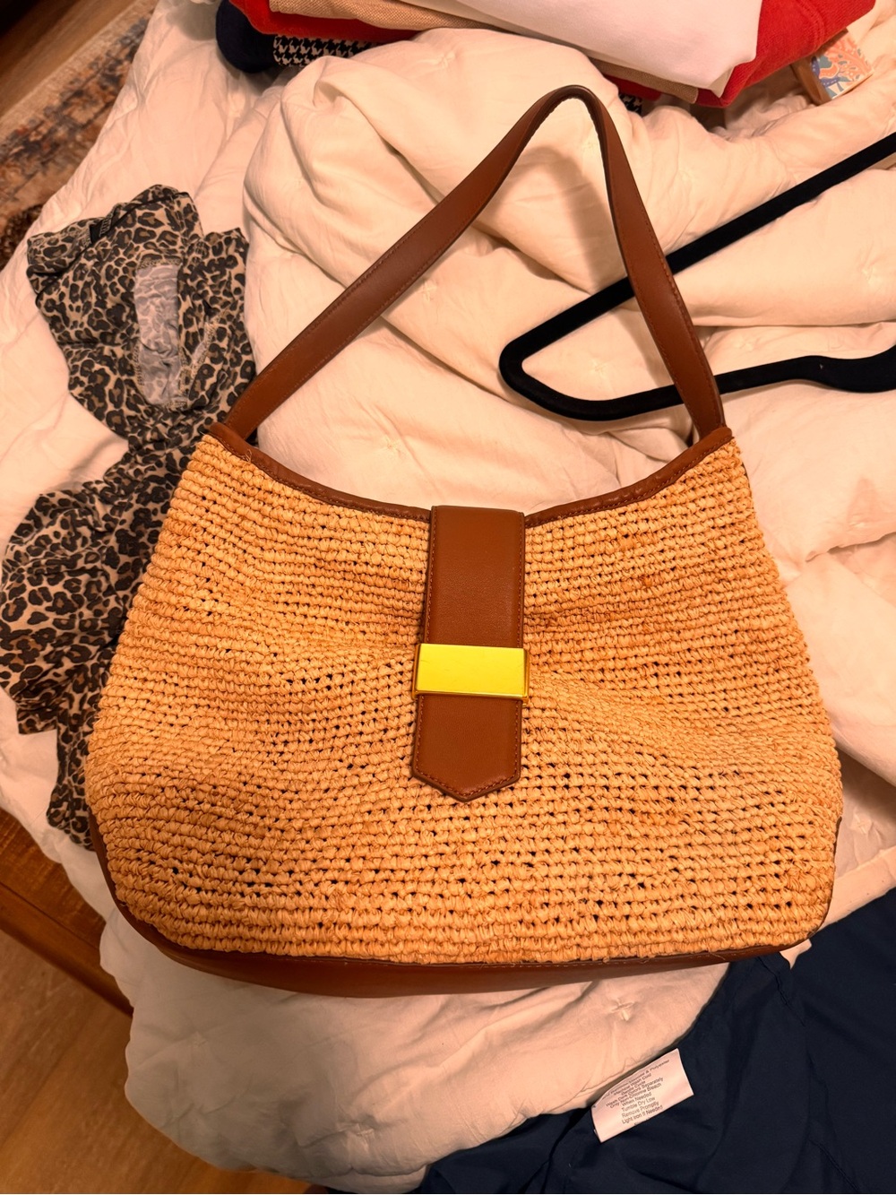 J. Crew Straw Shoulder Bag with Brown Leather and Yellow Accent